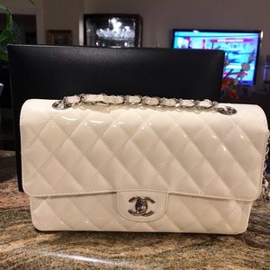 Authentic Chanel White Patent Leather Quilted Bag
